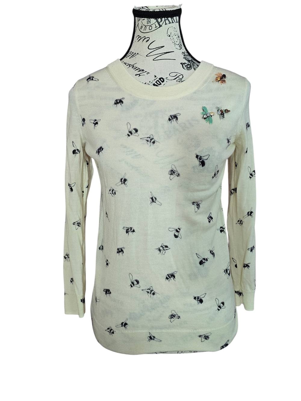 J. Crew Tippy Rare Cream Bumblebee Embellished jewel Bee Print Sweater Top XS